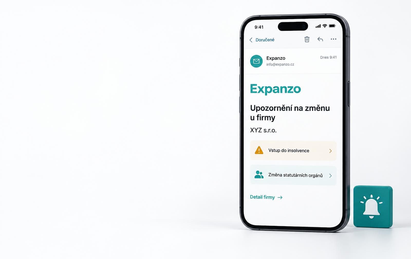 Ukázka e-mailového upozornění Expanzo na důležité změny ve firmě